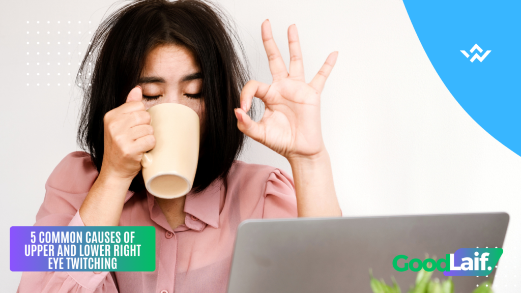 Illustration showing causes of right eye twitching including screen time, stress, and sleep deprivation