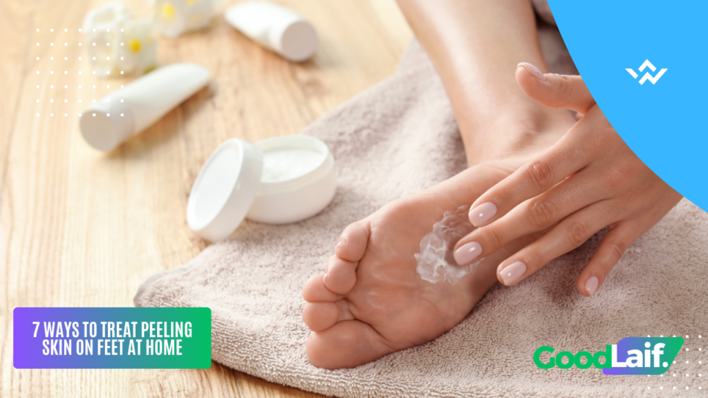Foot care routine showing moisturizing steps to treat peeling skin on feet and keep feet healthy