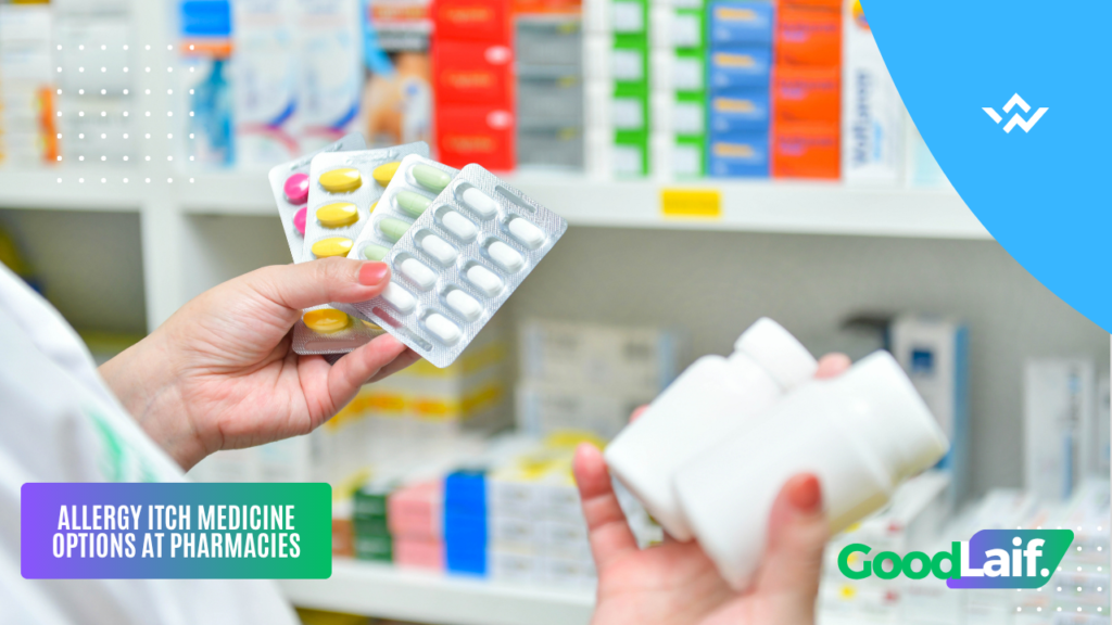 Hands holding blister pack tablets of allergy itch medicine at pharmacies with text overlay