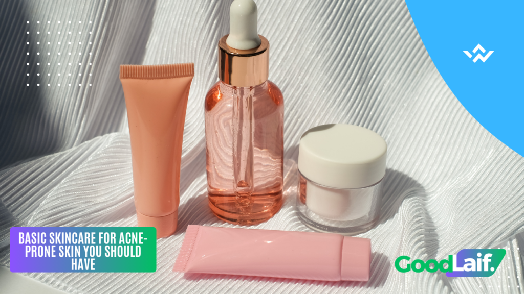 Example of basic skincare for acne-prone skin products: gentle facial wash, serum, and lightweight non-comedogenic moisturizer