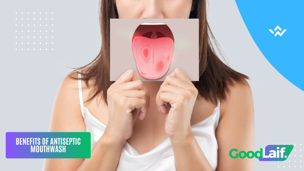 Woman holding an illustration of an oral cavity to visualize the benefits of antiseptic mouthwash for oral hygiene
