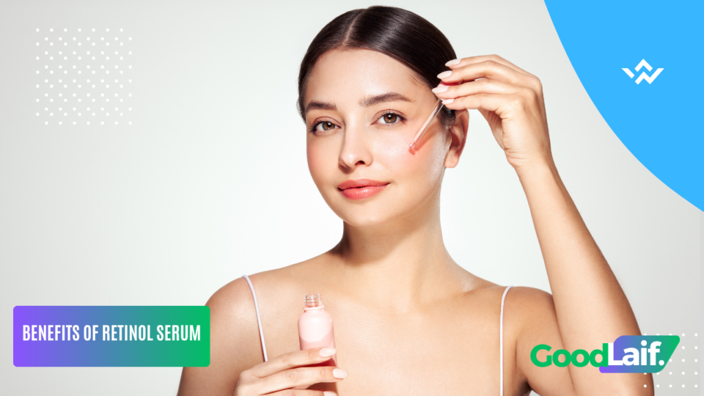 Woman applying retinol serum to her face for skincare 

