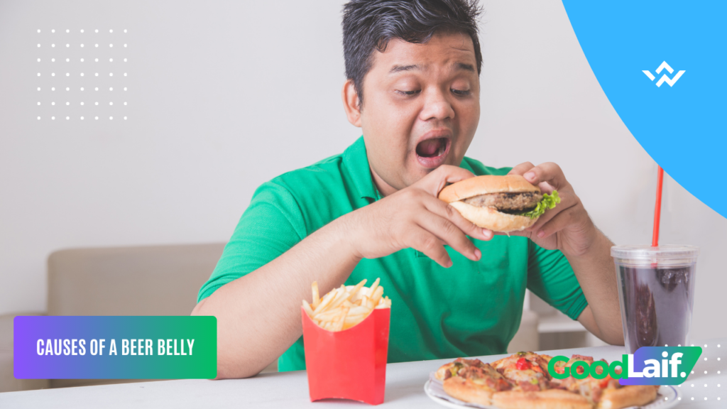 Illustration of beer belly causes: high-calorie junk food and sugary drinks
