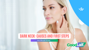 Woman touching her dark neck skin, illustrating common causes of black neck and the first steps to treat it