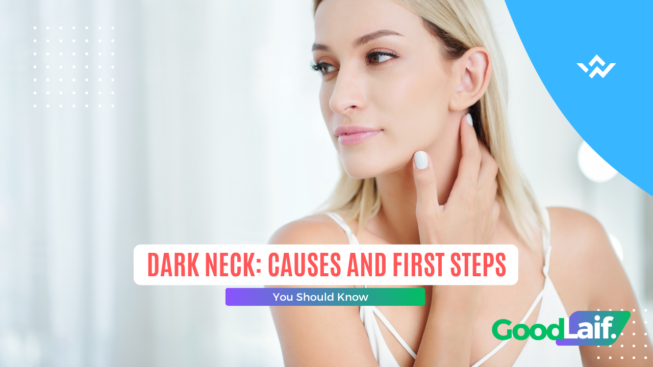 Woman touching her dark neck skin, illustrating common causes of black neck and the first steps to treat it