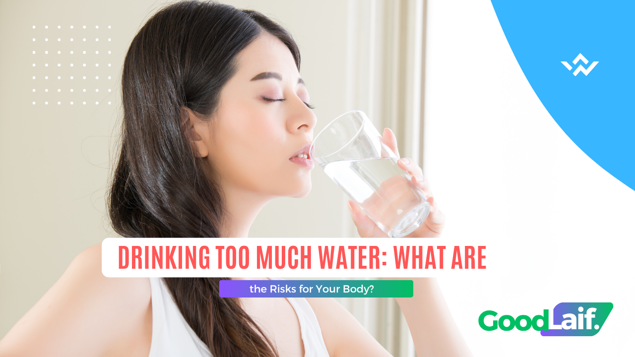 Woman drinking water from a glass, illustration of the health risks of drinking too much water including hyponatremia and low sodium levels