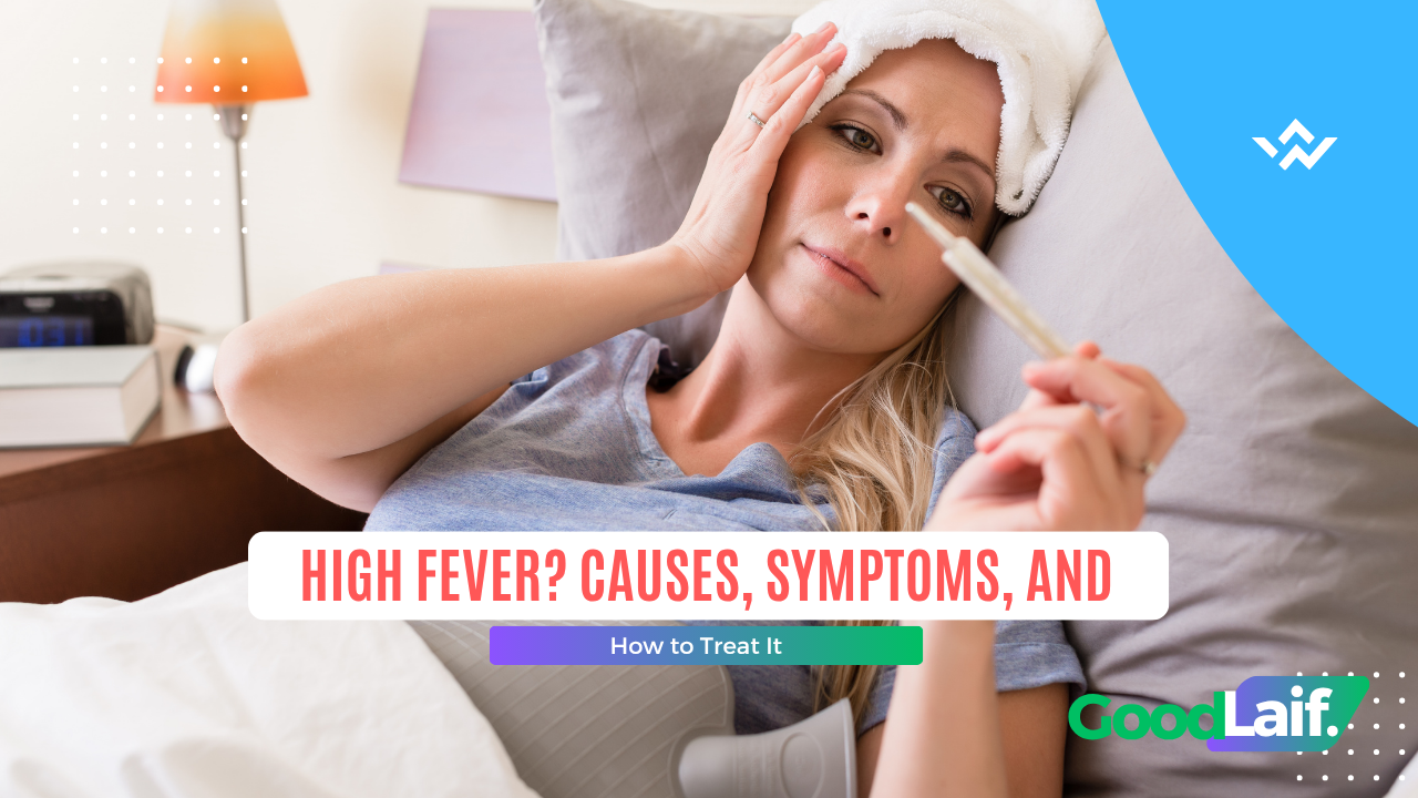 Sick person with high fever lying in bed holding thermometer showing 39–40°C and feeling weak