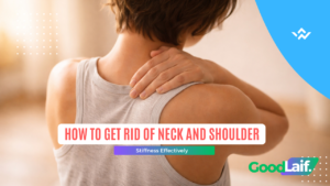 Woman massaging stiff neck muscles as effective way how to get rid of neck and shoulder stiffness