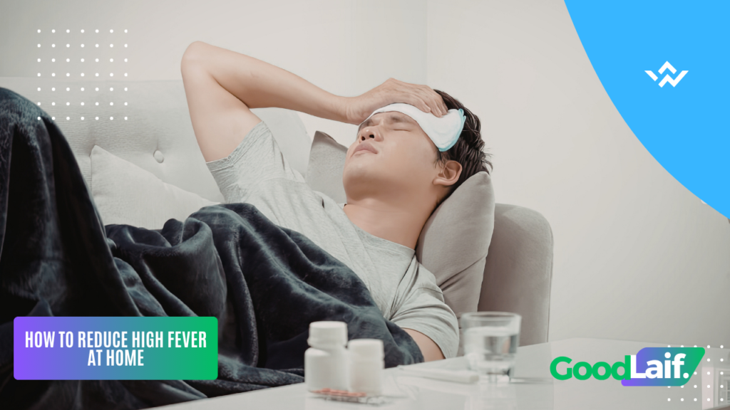 Home care treatment for high fever including cold compress on forehead, drinking water, and resting in bed
