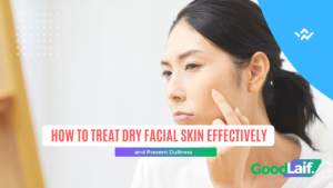 Close up of a woman touching her dry, dull, and flaky facial skin - how to treat dry skin effectively