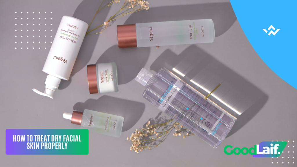 Banner image showing skincare products and tips on how to treat dry facial skin properly
