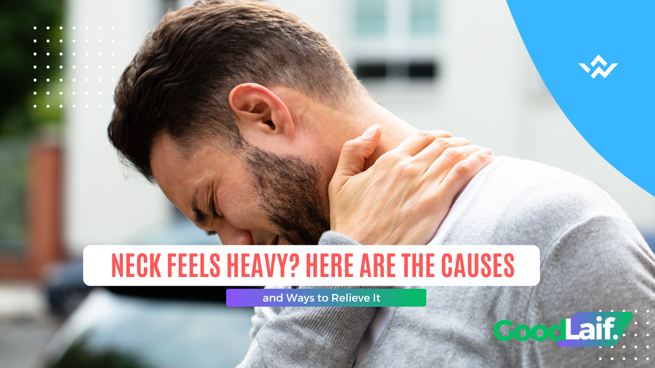 Man holding the back of his neck because his neck feels heavy and stiff from muscle tension