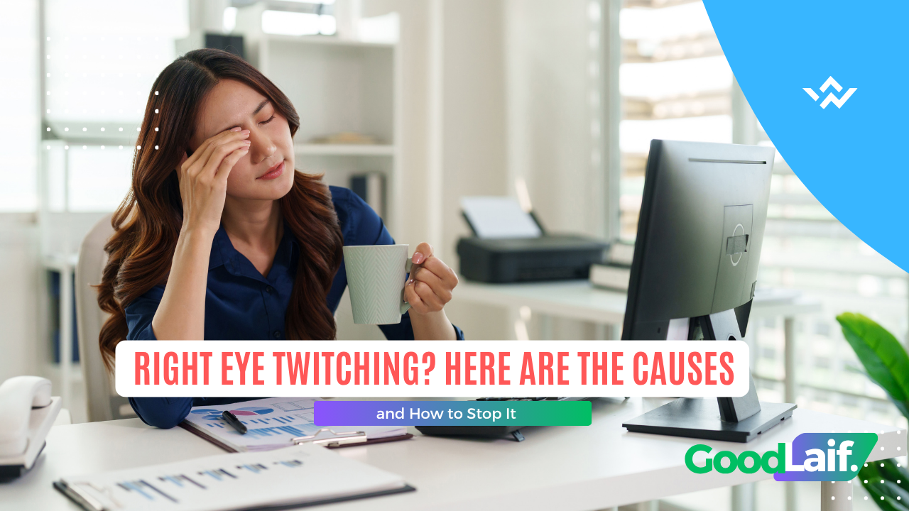Close-up of right eye twitching in a tired woman caused by stress and lack of sleep