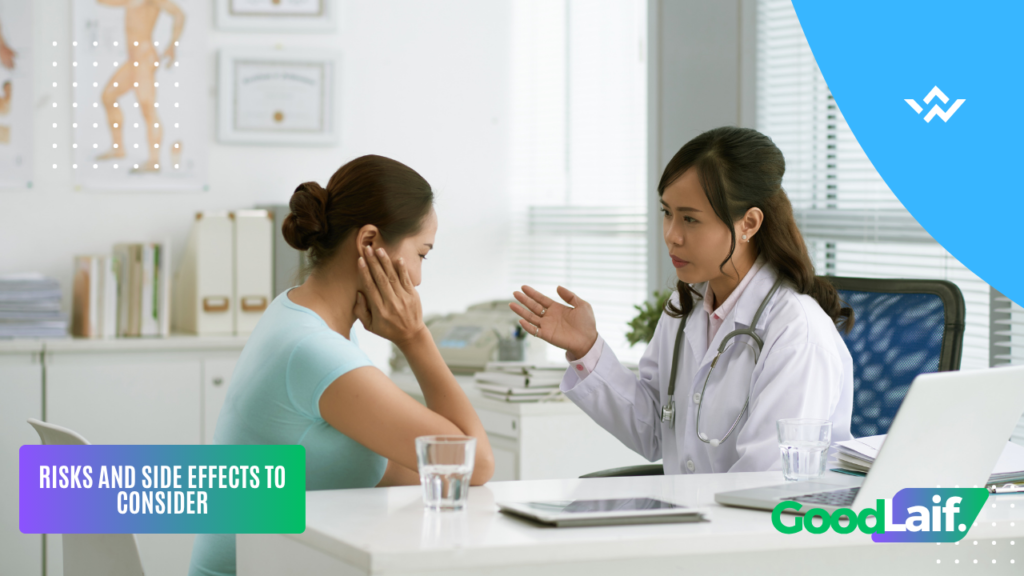 Dermatologist explaining the risks and side effects of facial treatment to a patient at a beauty clinic
