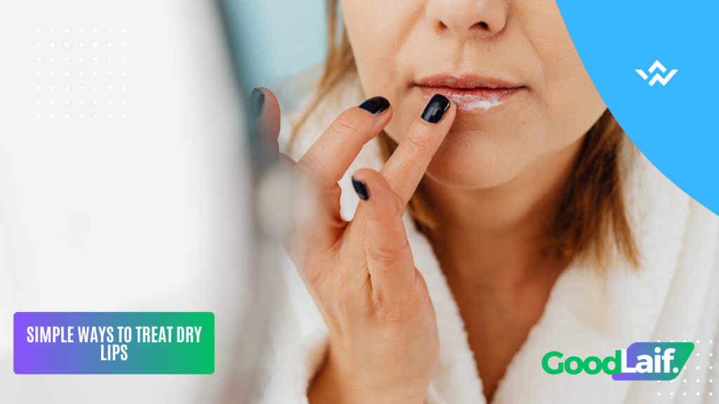 Woman applying lip balm to treat dry and chapped lips causes