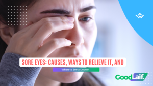 Person experiencing sore eyes with a burning sensation, a common condition that can be relieved by resting eyes using the 20-20-20 rule