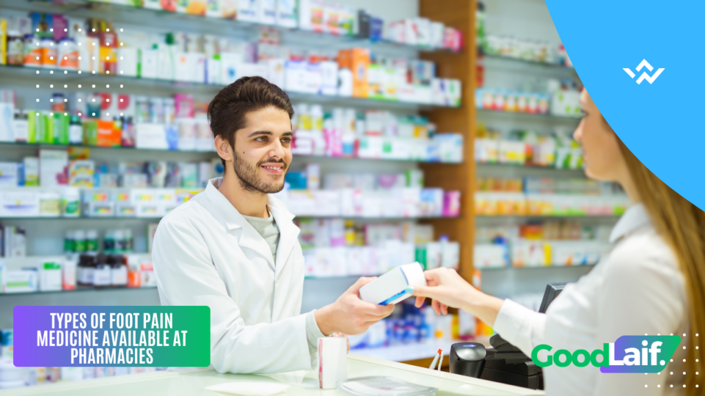 A pharmacist handing foot pain medicine at pharmacies to a customer for relieving mild to moderate pain