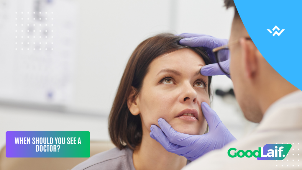 Eye doctor checking a patient with sore eyes and blurred vision, symptoms that should not be ignored and require professional care