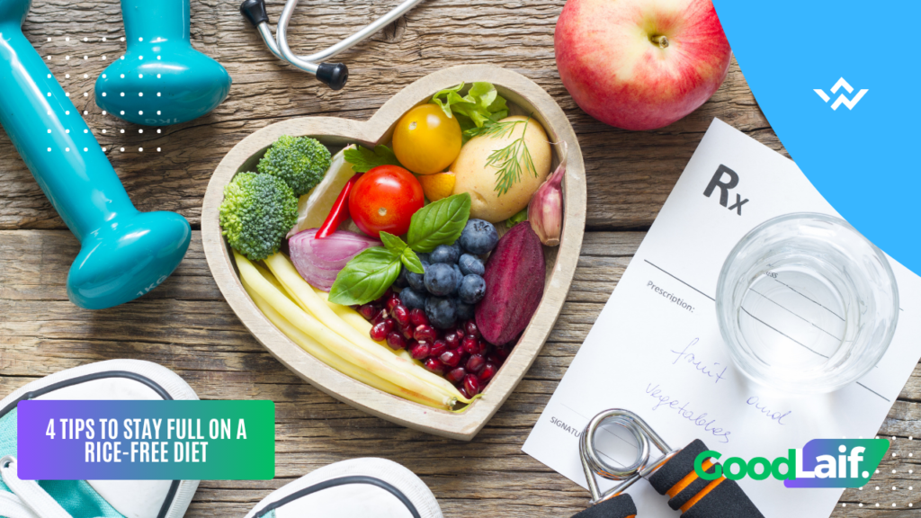 Heart-shaped bowl with healthy foods for a rice-free diet menu including eggs, vegetables, and berries