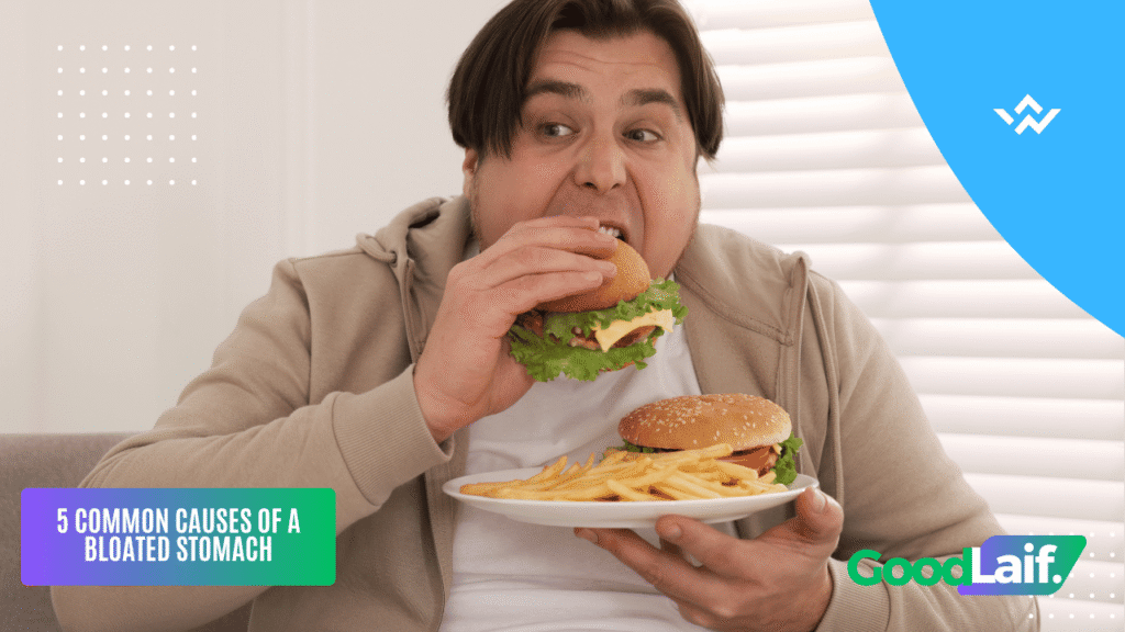 Illustration of a person eating too many burgers and french fries which can cause bloated stomach