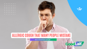 Illustration of a man coughing with his hand covering his mouth, an example of allergic cough symptoms often mistaken for a common cough