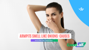 Woman covering her nose as a sign of armpits smell like onions with text know the causes and how to treat it
