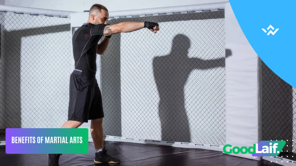 An athlete practicing martial arts punching technique inside a ring with shadow on the wall
