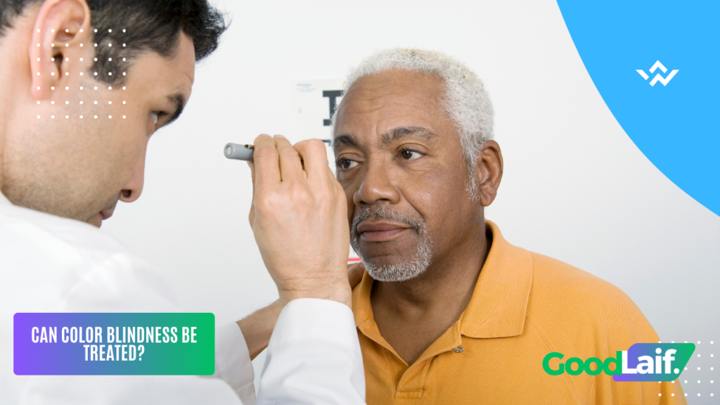 Doctor examining an elderly patient's eyes to determine what causes color blindness