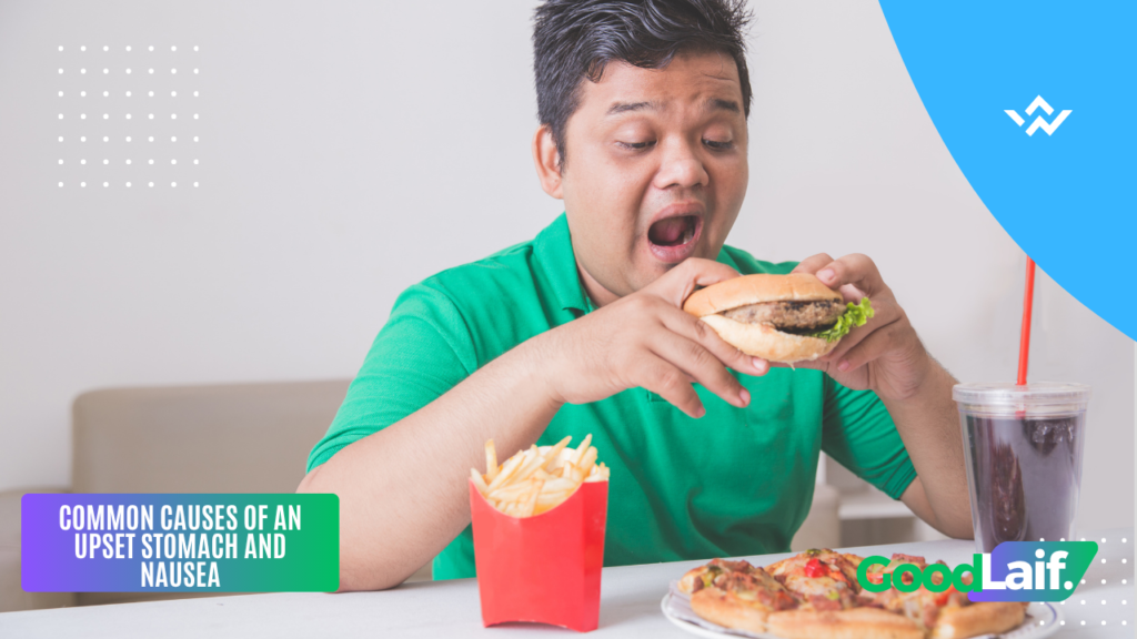 Illustration of overeating and fast food as causes of an upset stomach and nausea