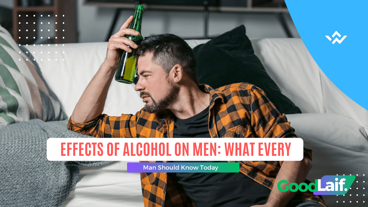 effects of alcohol on men, a tired man in a checkered shirt holding a beer bottle on his head while sitting on a sofa