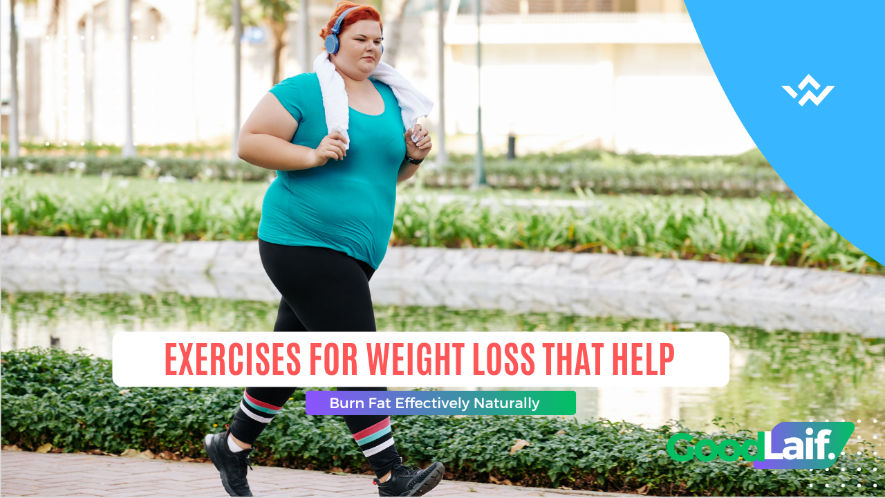 Example of exercises for weight loss: plus-size woman walking with headphones in a park