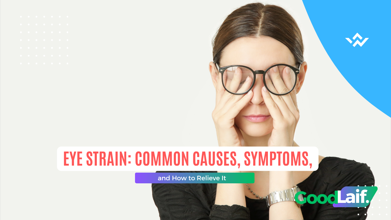 A woman wearing glasses rubbing both eyes due to eye strain after working in front of a screen for a long time