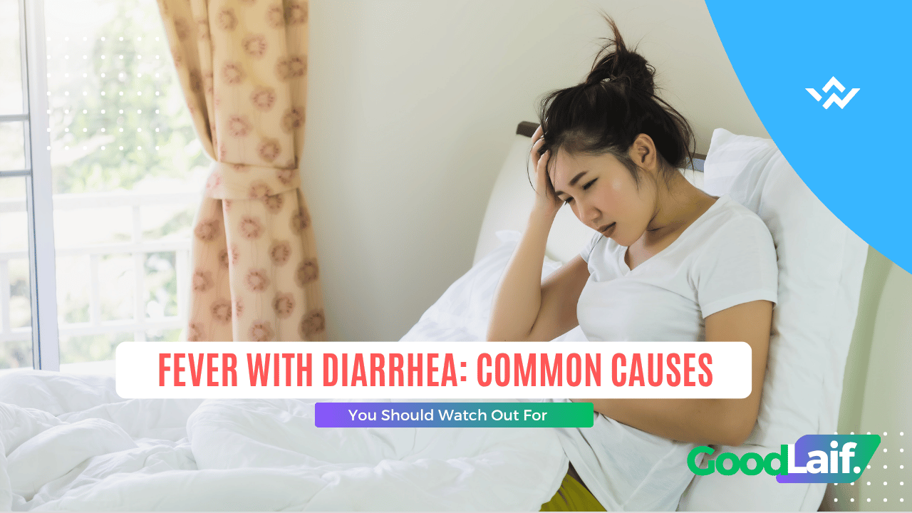 Woman feeling weak from fever with diarrhea and holding her head