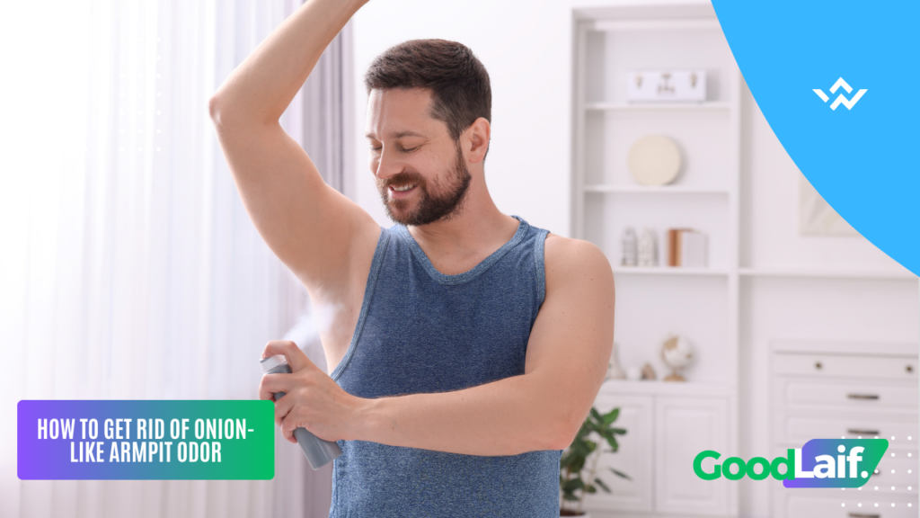 Man applying deodorant to solve the problem of armpits smell like onions