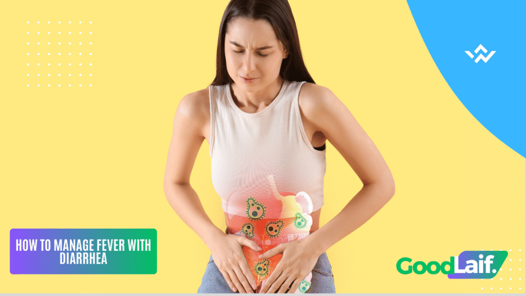 Illustration of fever with diarrhea symptoms showing a woman holding her sore stomach
