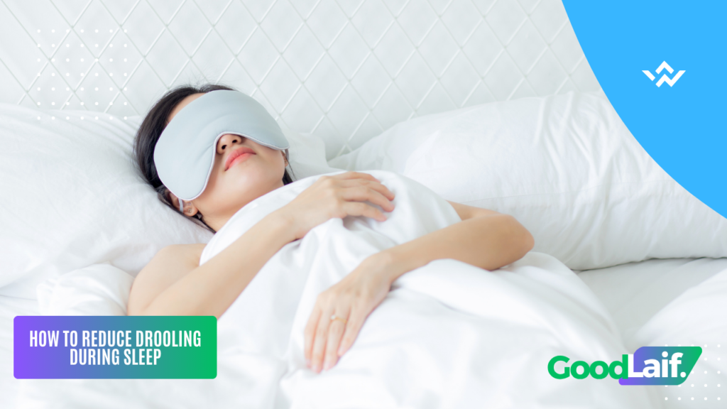 Illustration of a person sleeping with an eye mask discussing causes of drooling during sleep and how to prevent it