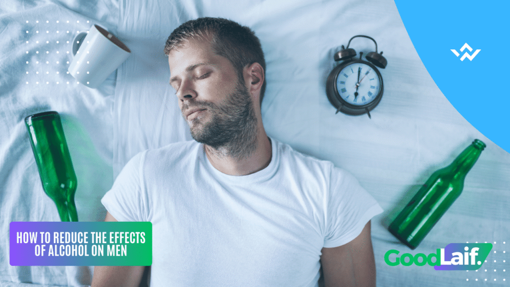 Illustration of the effects of alcohol on men, a tired man sleeping on a bed with beer bottles beside him