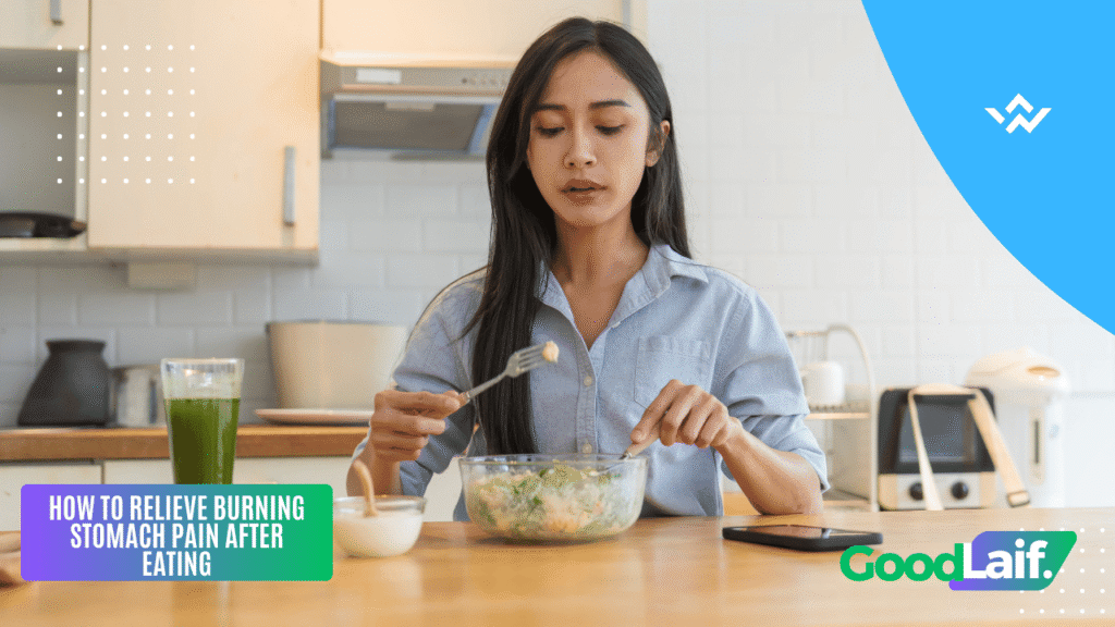 Woman eating healthy food as a way to relieve burning stomach pain after eating