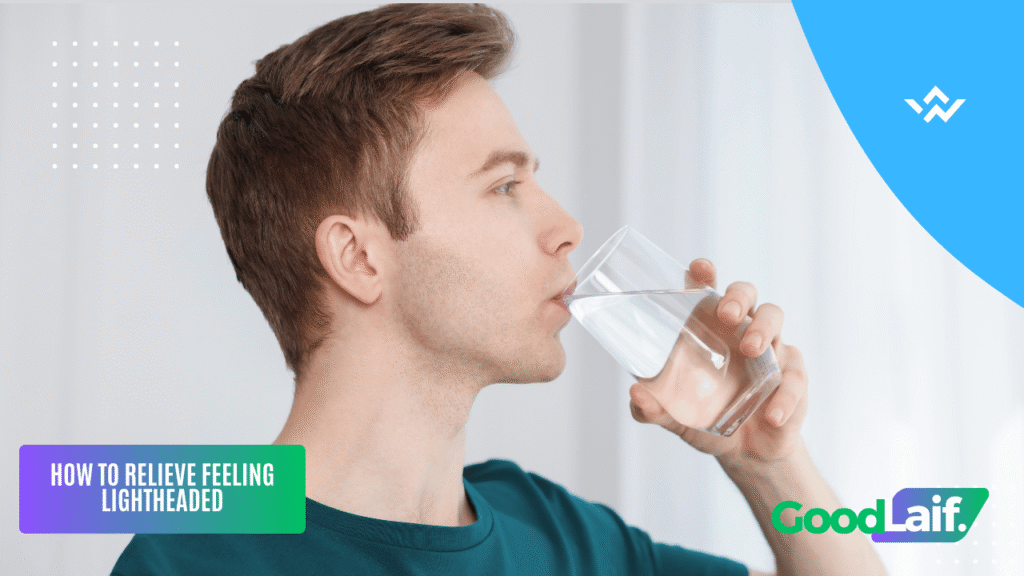  Man drinking water as a way to relieve feeling lightheaded caused by dehydration