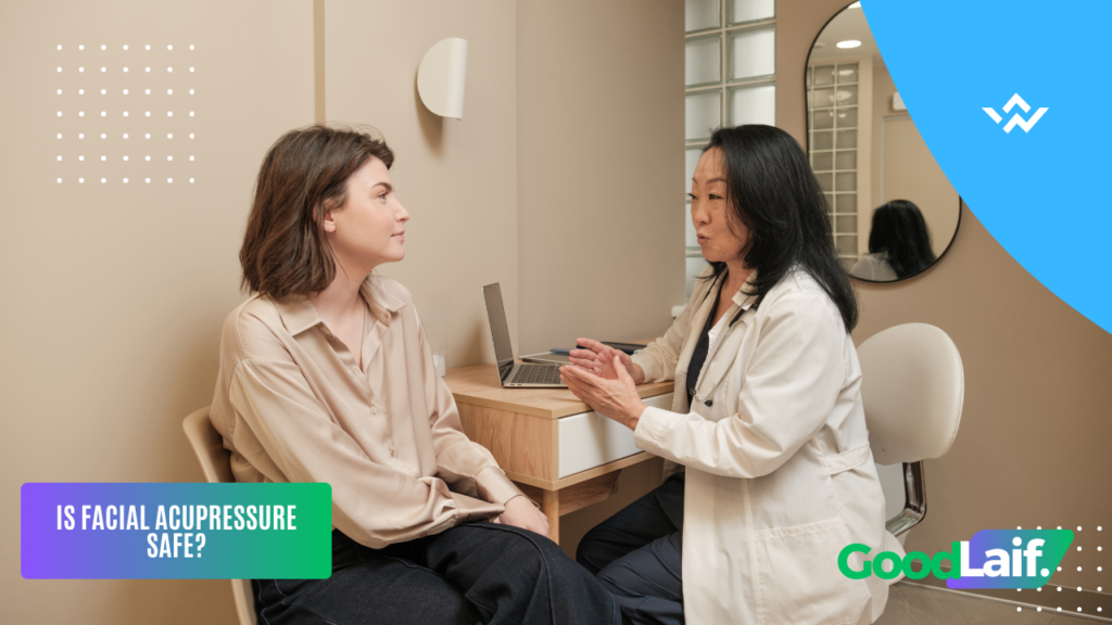 Facial acupressure consultation between therapist and client discussing treatment safety