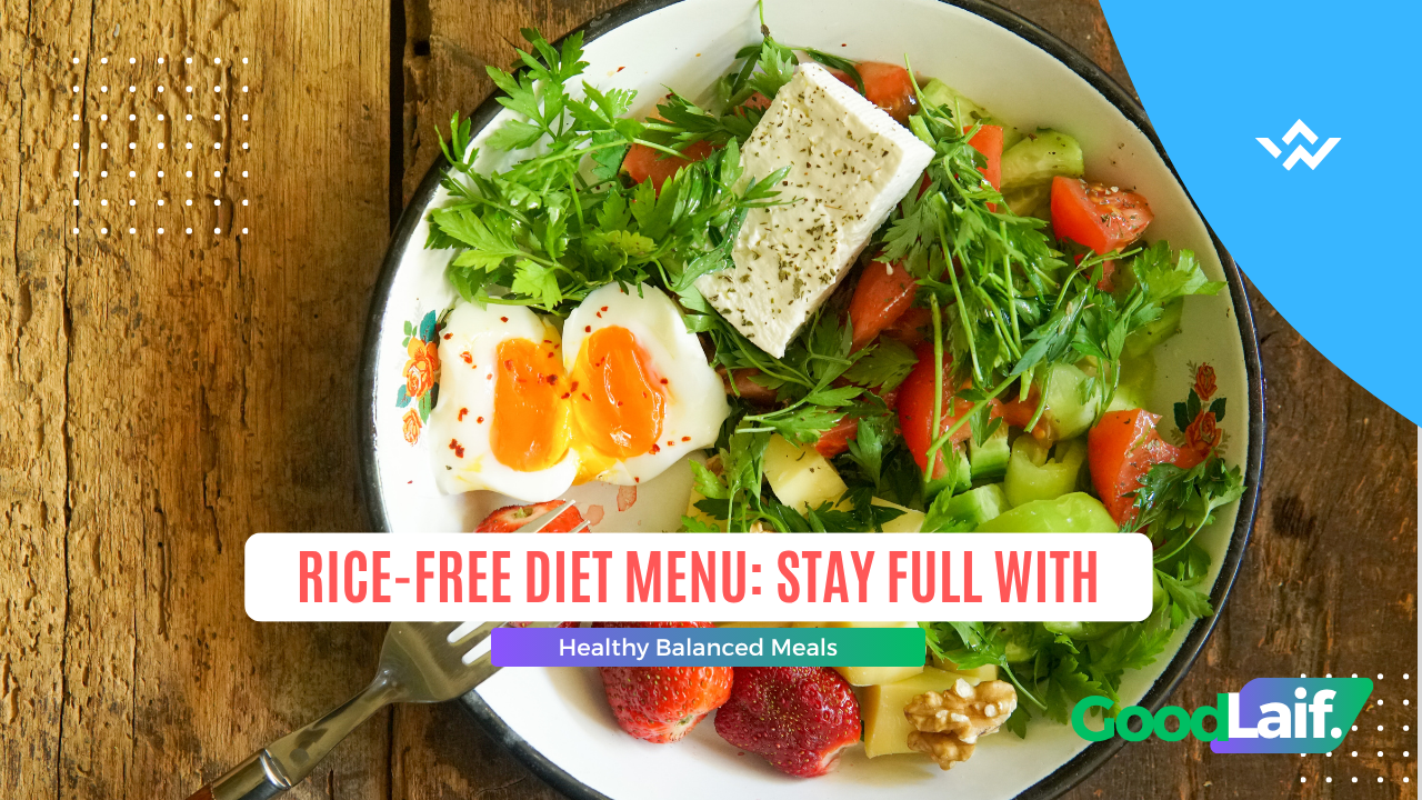 Overhead shot of a rice-free diet menu with boiled egg, leafy greens, avocado, and carb alternative to rice