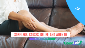Person holding their leg due to sore legs as a common symptom