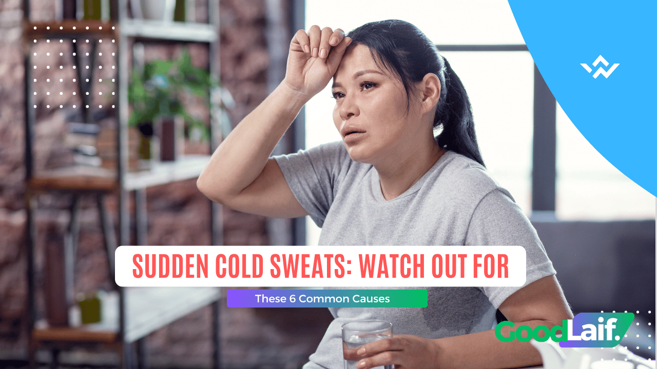 Woman holding her forehead feeling weak due to sudden cold sweats