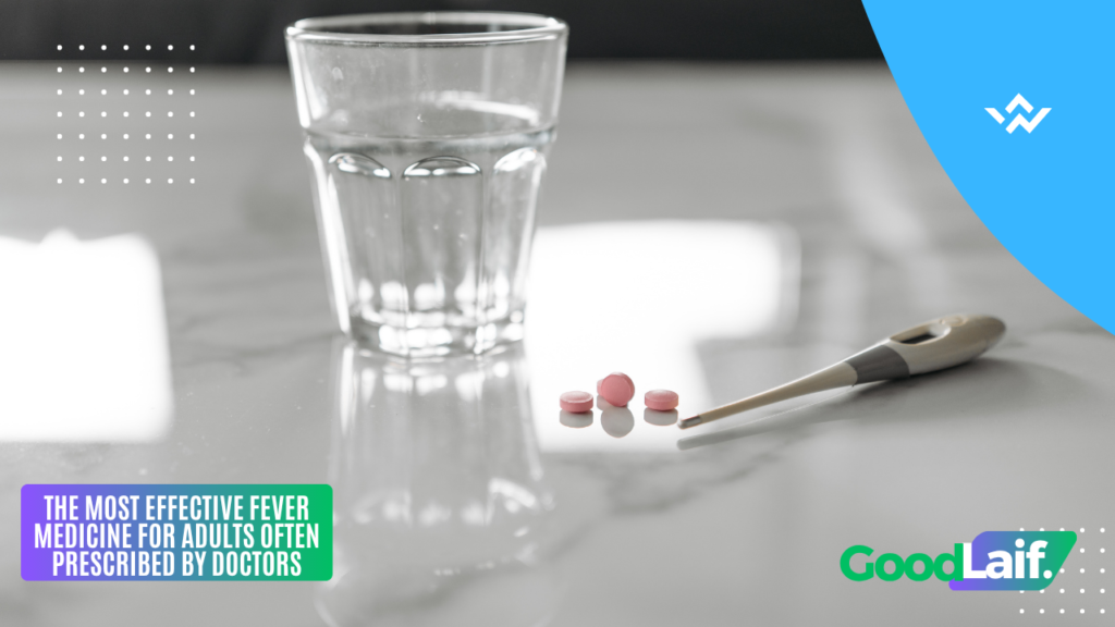Illustration of Most Effective Fever Medicine for Adults: water, tablets, and thermometer