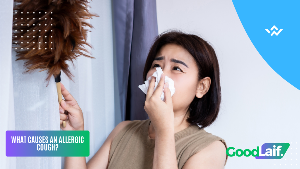 Illustration of a woman coughing and holding a tissue due to dust, example of allergic cough symptoms