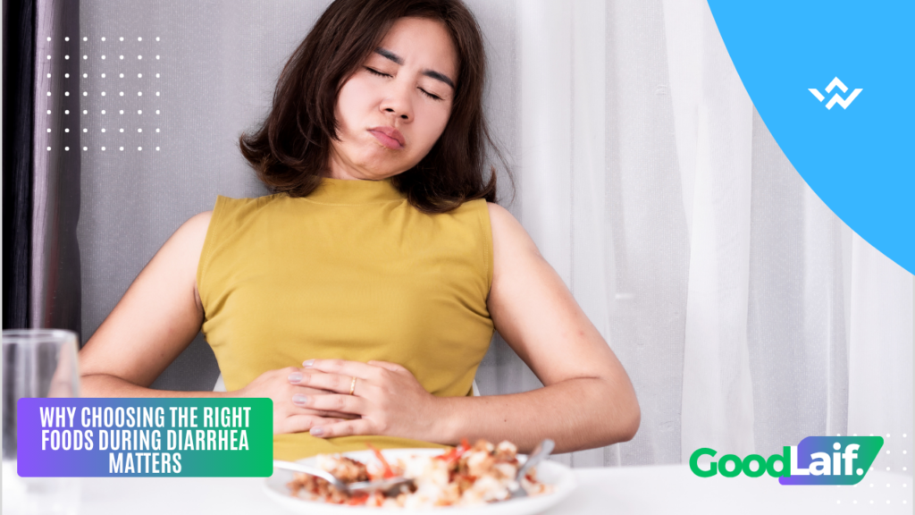 Illustration of a woman with stomach pain from diarrhea - the importance of choosing foods for diarrhea