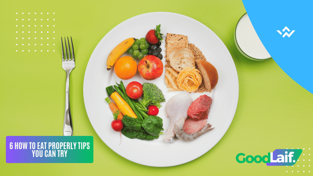 Example of a balanced meal plate with vegetables, fruits, protein, and carbohydrates as an illustration of How to Eat Properly