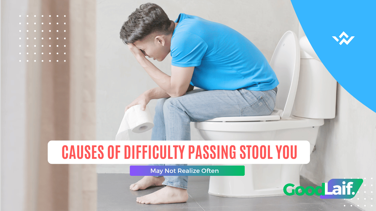 Illustration of a person struggling to have a bowel movement on the toilet, depicting causes of difficulty passing stool