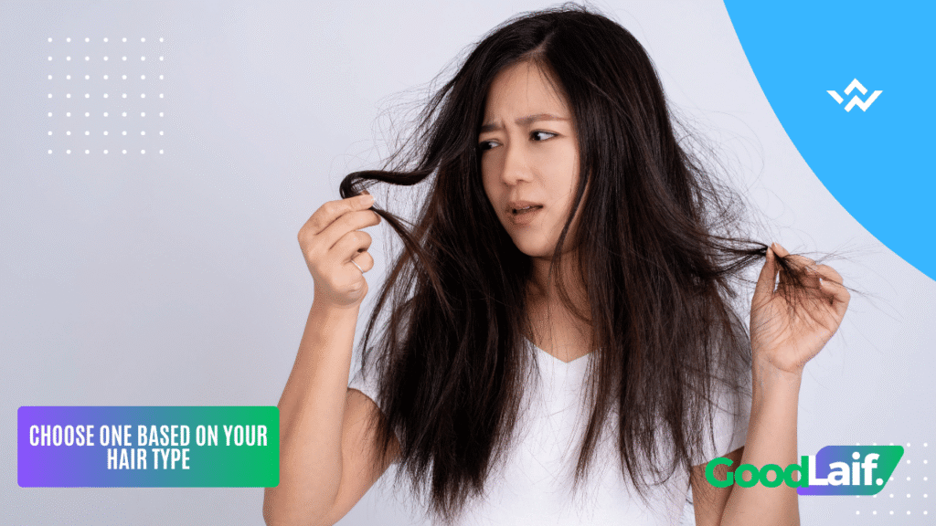Woman holding dry and frizzy hair ends, illustration of hair problems that can be solved with a hair mask