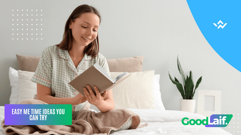 Me time illustration of a woman reading a book in her bedroom for easy me time ideas